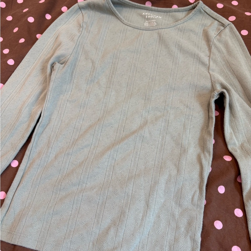 American Eagle Outfitters Sage Green Pointelle Long Sleeve Tee